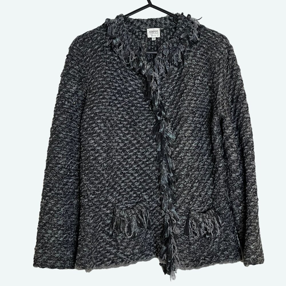 Armani Collezioni Gray Black Woven Crochet Fringe Detail Jacket Snap Closure 10